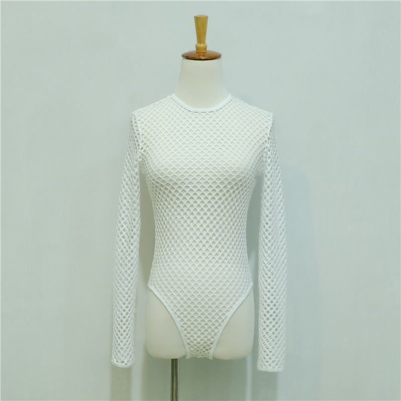 F5376-2 Womens Long Sleeve Mesh Fish Net Leotard Bodysuit Top White Fashion